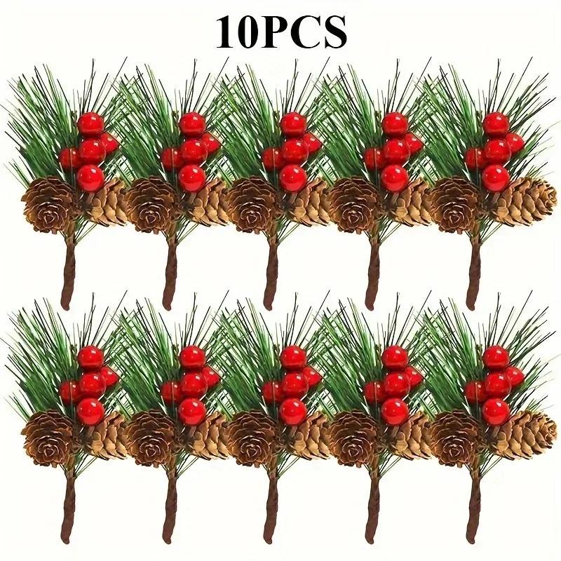 10er Set künstliche Tannenzapfen und rote Beeren - Perfekt für Weihnachtsbaumspitzen, Weihnachtsdekorationen und Bastelprojekte