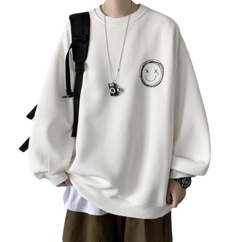 Herren Trendiger Smiley-Gesicht Hoodie - Hongkong & Koreanischer Stil, Lockere Passform, Herbst-Streetwear, Rundhalsausschnitt, Bedrucktes Oberteil