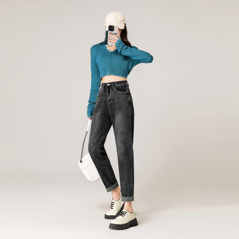 High-Waisted Fleece-Lined Stretch Harem Jeans for Women - Autumn/Winter Loose Slimming Style