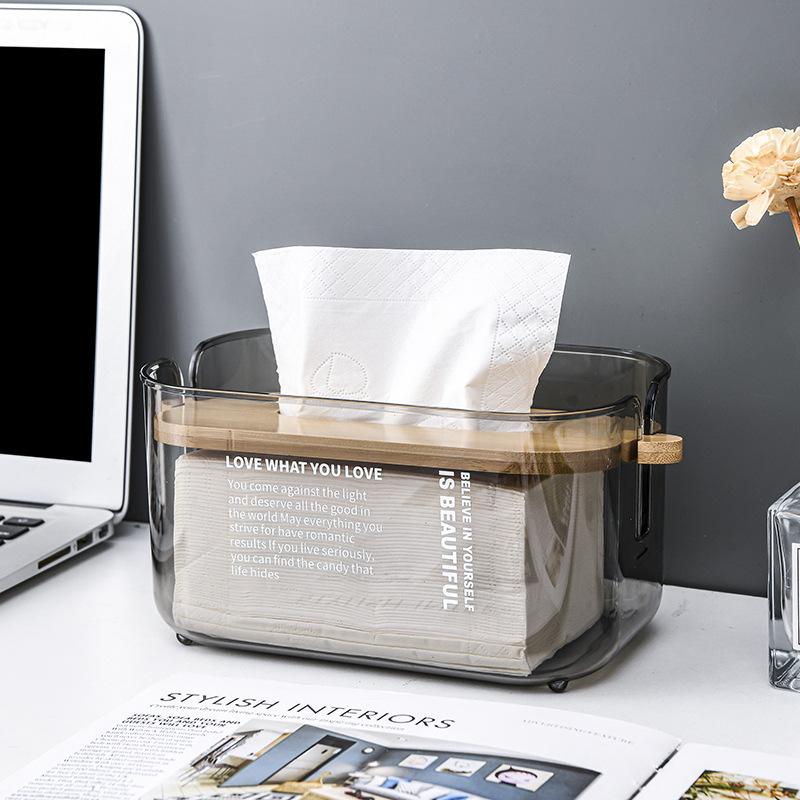 1pcs Nordic Minimalist Transparent Tissue Box Bamboo Lid Tissue Storage Box for Home Living Room Dining Table Paper Box