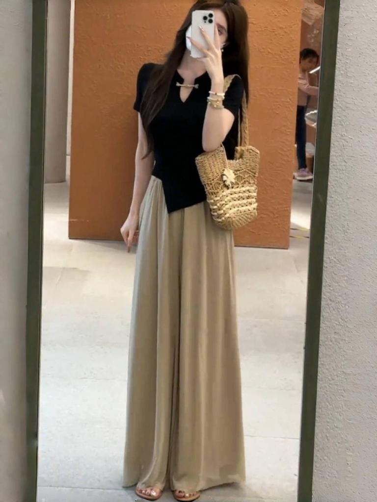 Plus Size Women's Summer Chinese Style Two-Piece Set: Top & Wide-Leg Pants - Elegant Goddess Look