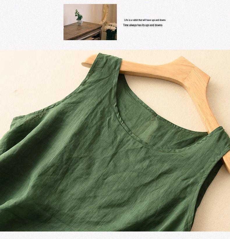 Dámská bavlněná lněná tílko nadměrné velikosti - Volný střih Retro minimalistický design