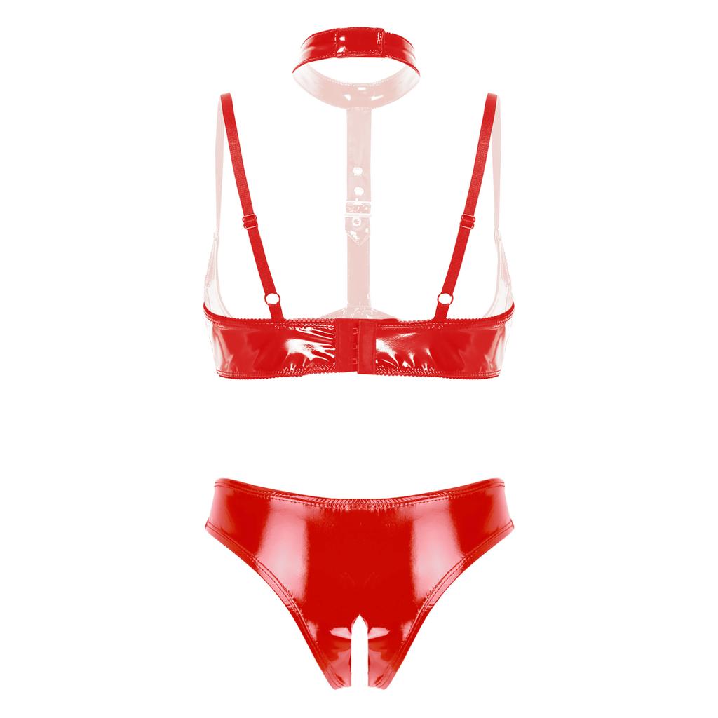 Women's Fashion Lingerie Set Patent Leather Wire-free Bra Top with High Cut Briefs Underwear Honeymoon Costume