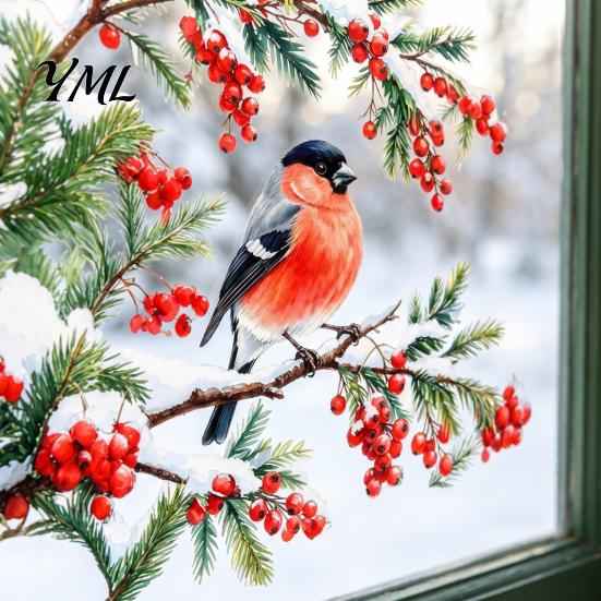 Winter Atmosphere Decor Bullfinch And Red Berries Static Glass Sticker, Watercolor Bird Decal, Window Decals Removable PVC Cling for Home Store