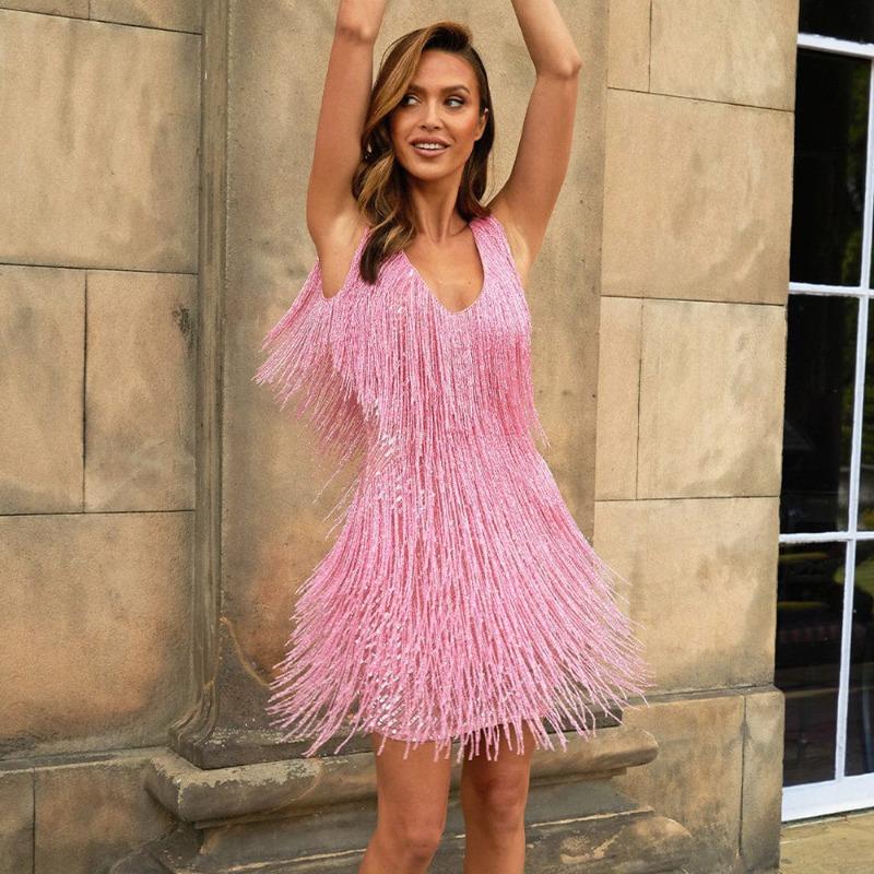 New, New Fringed Beaded Sleeveless Dress, Evening Dress