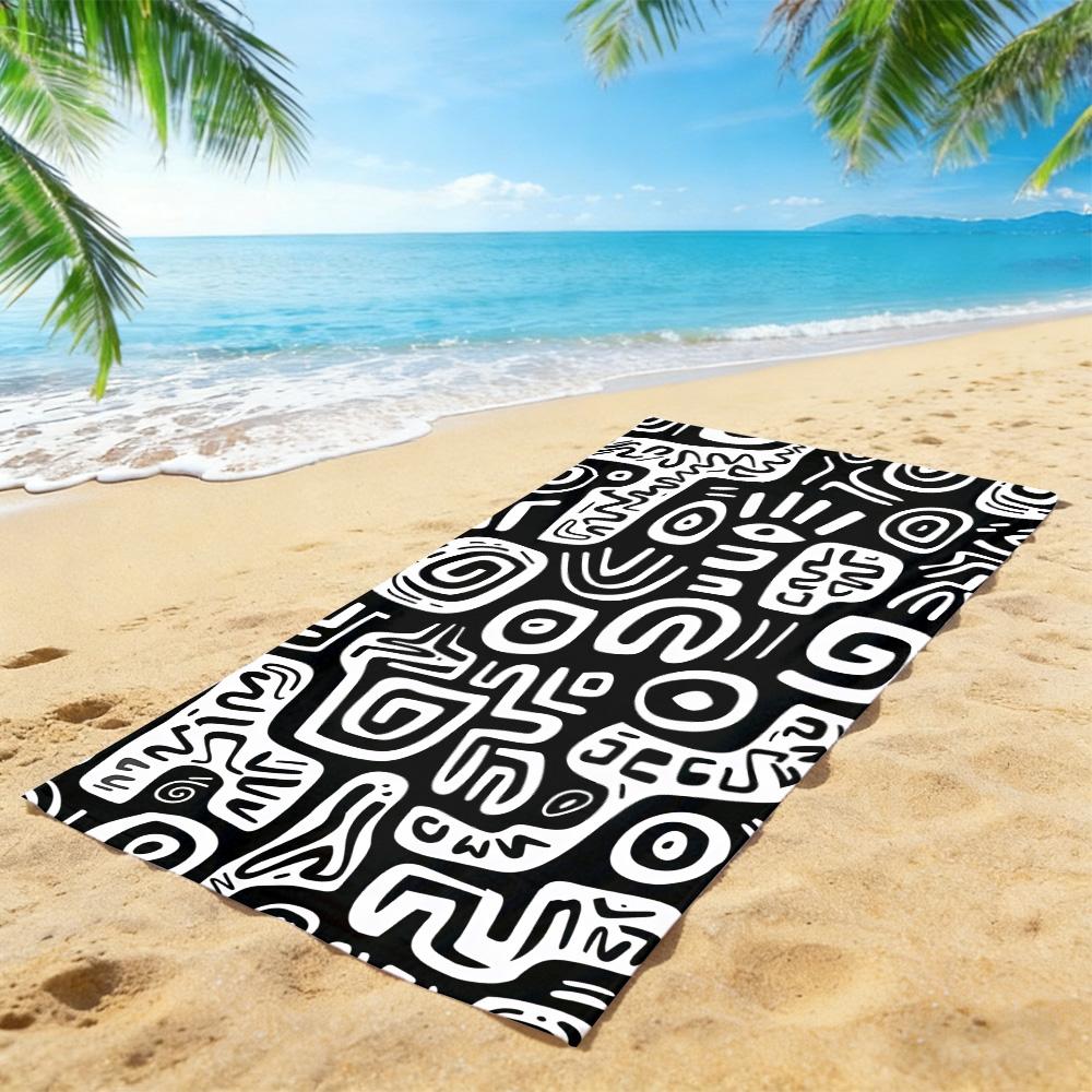 Abstract Doodle Beach Towel – Oversized Quick Dry Sand Free with Black & White Tribal Print