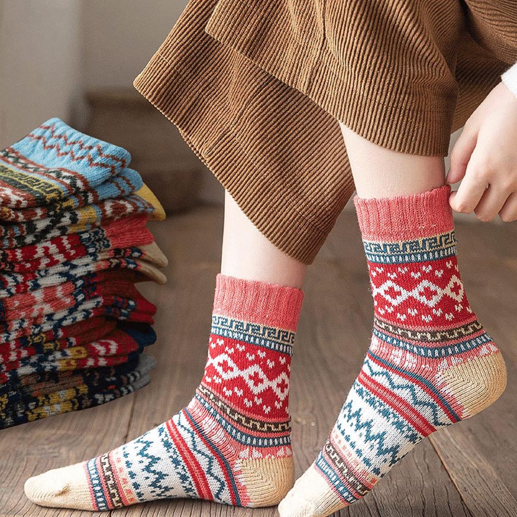 5 Pairs Winter Women Socks Vintage Style Knit Wool Casual Socks Thick Warm Colorful Socks