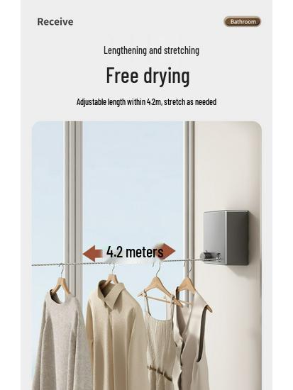 Gun Gray Retractable Invisible Clothesline for Indoor, No-Punch Installation; Ideal for Bathroom or Balcony.
