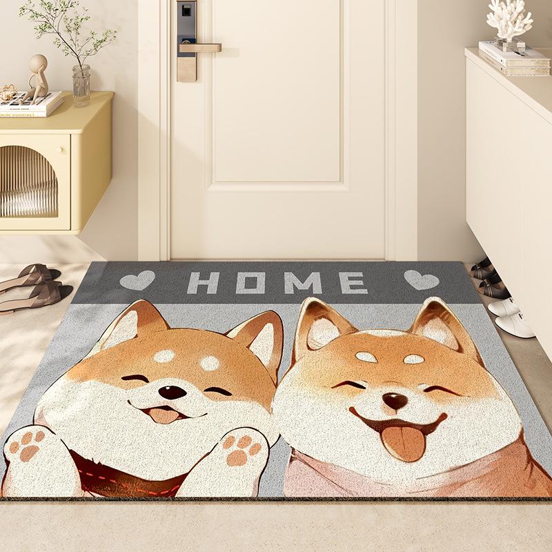 Cartoon Shiba Inu Eingangsteppich für Haushalts-Eingangstür Seidenmatte PVC Rutschmatte für Eingangsbereich Sandabstreifmatte zur Staubentfernung 45*75cm gray