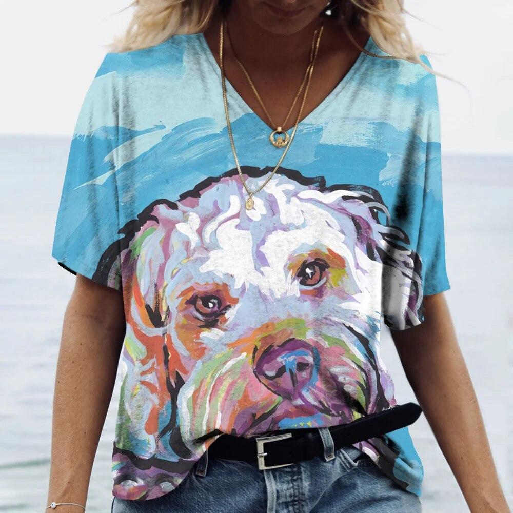 Încântător Harajuku tricou pentru femei grafic drăguț desene animate cu decolteu în V câine imprimeu 3D curți mari Topuri cu mânecă scurtă de vară doamnelor mărime asiatică