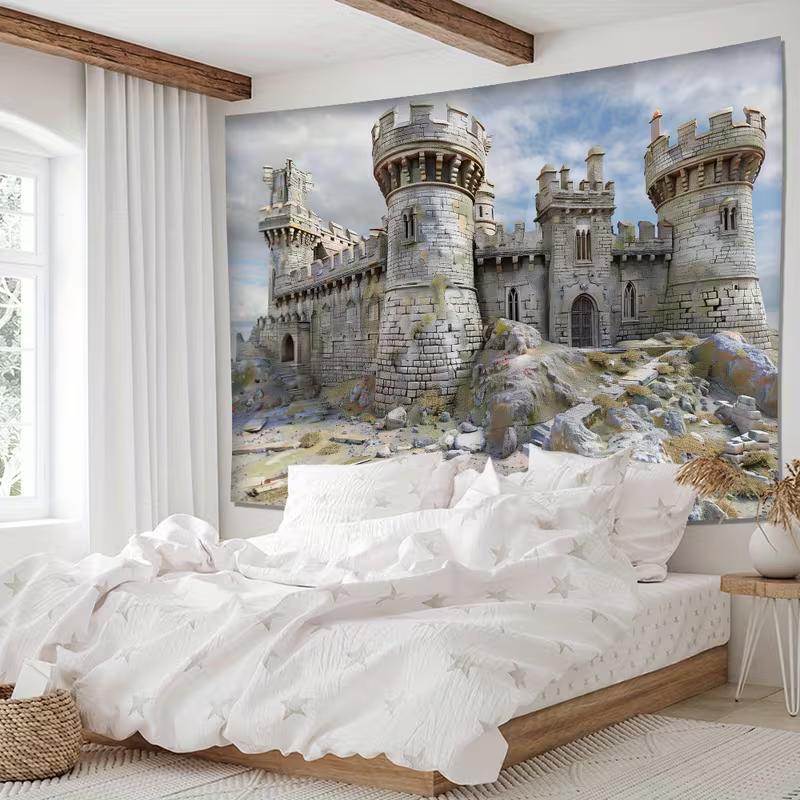 2D Fantasy Medieval Castle Ruins Tapestry Ancient Stone Fortress Wall Decor Cloth for Home & Bedroom
