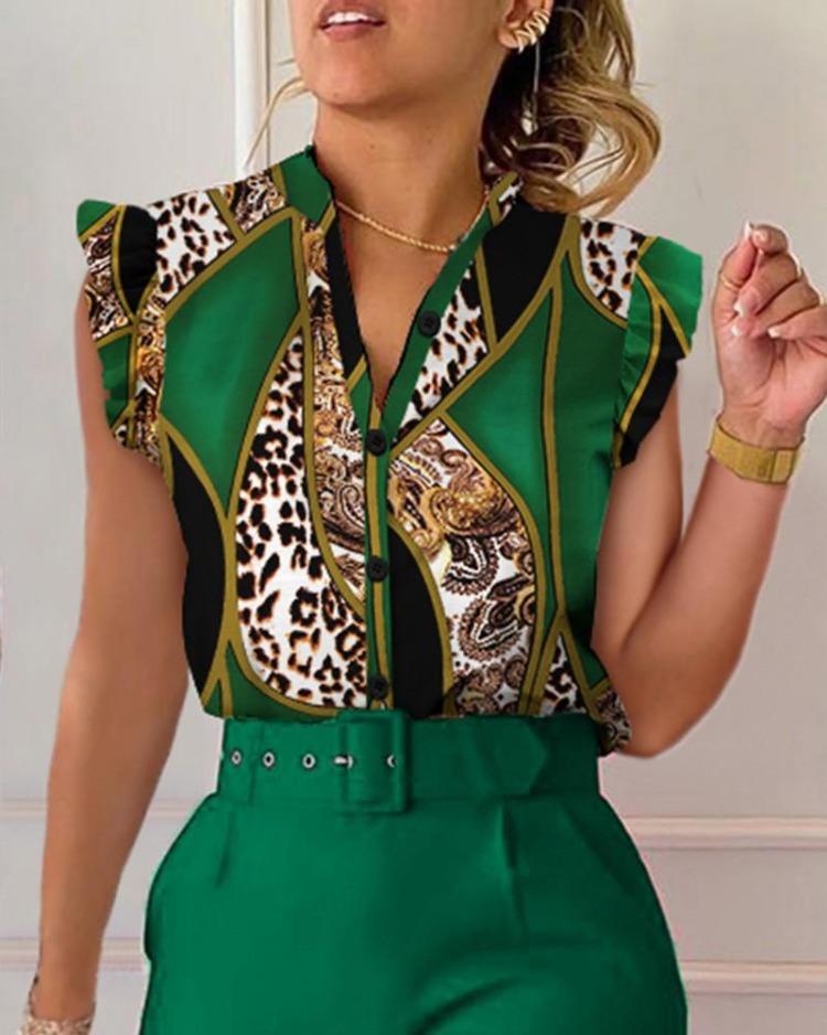 Women Summer V Neck Printed Button Petal Sleeve Shirt Fashion Top