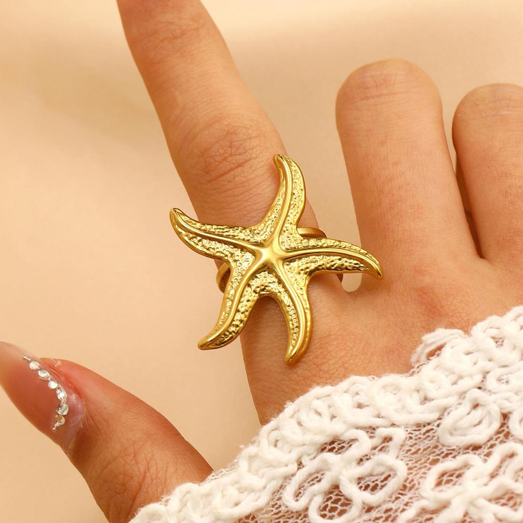 Stainless Steel Starfish & Seashell Open Ring - Ocean Holiday Style Jewelry for Women