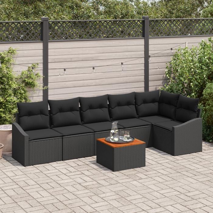 VidaXL Ensemble de sofa jardin 7 pièces avec coussins Noir Poly Rattan Acacia 3347842