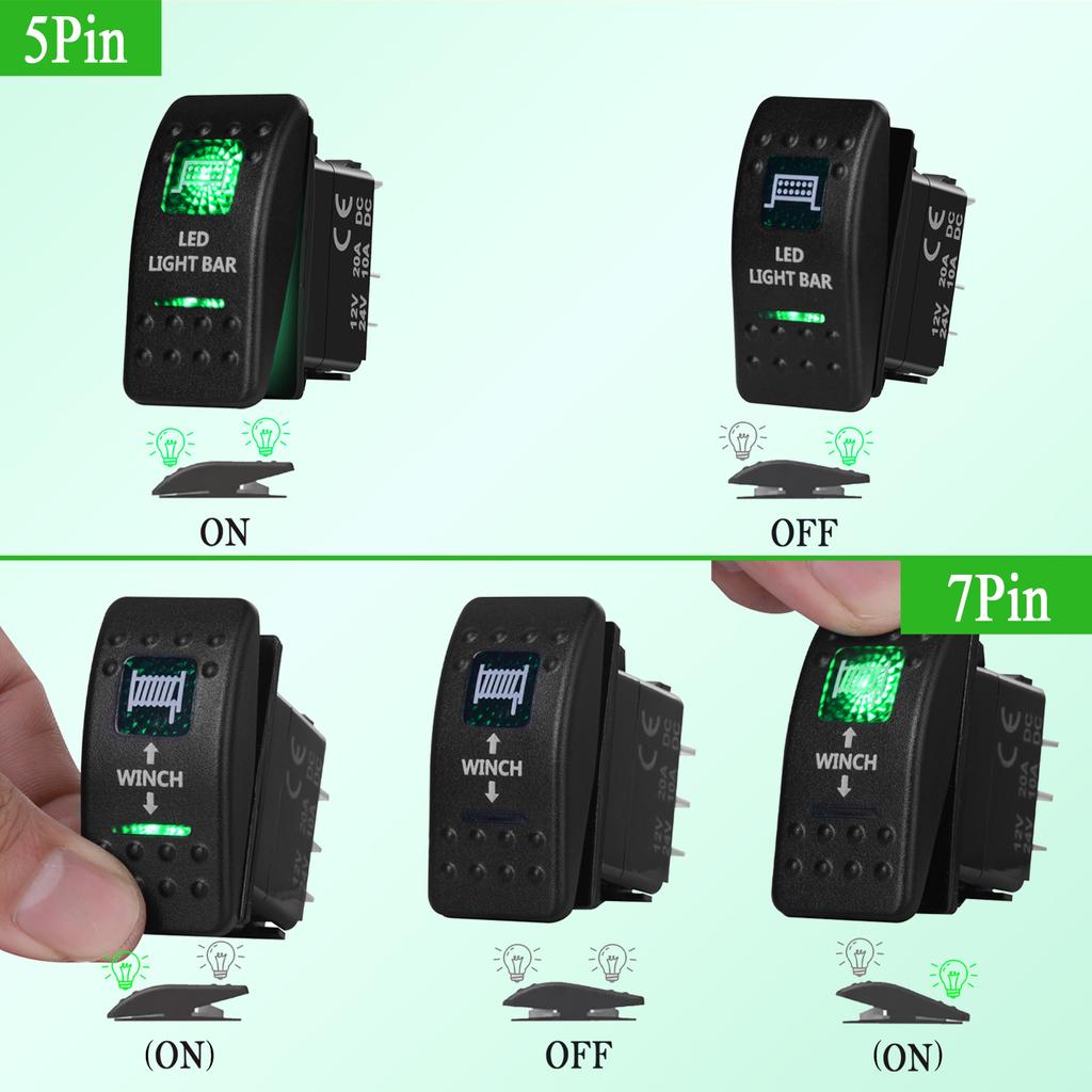 12V/24V Marine Rocker Switch Green LED SPST ON-OFF DPDT ON-OFF-ON Momentary Toggle for 4x4 Off-Road RZR ATV ARB Carling Style