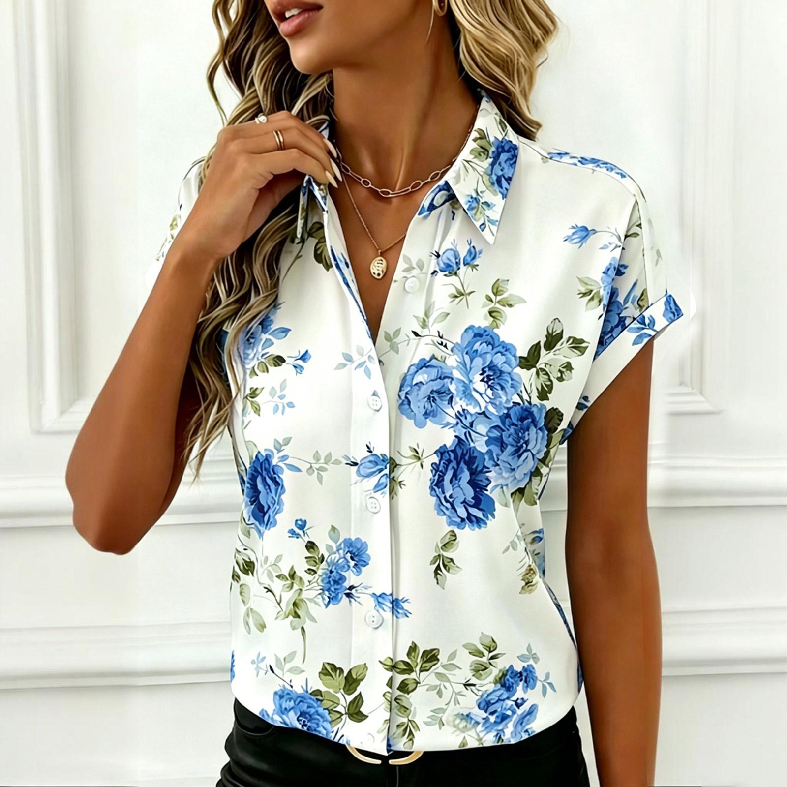 Womens Casual Floral Print Button Down Shirt Short Sleeve Turn Down Collar Blouse Lightweight Summer Top L синий