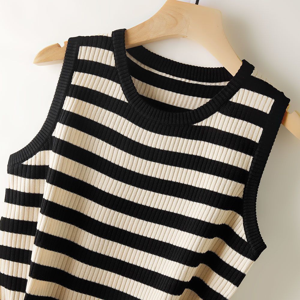 

Women s Loose Camisole Spring and Summer Round Neck Ice Silk Knit Stripe Versatile Casual Street Sleeveless Top S чорний