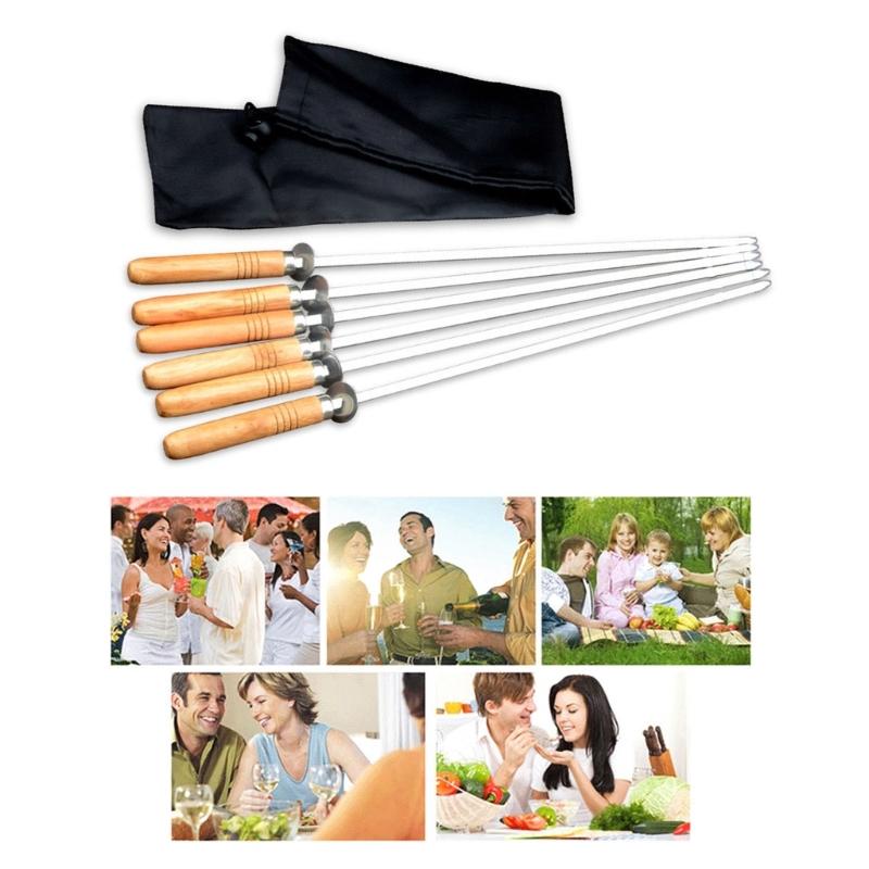 6Pieces Stainless Steel Barbecue Skewers Non Slip Wood Handles BBQ Stick for Camping Flat Metal Kebab Skewers Kitchen