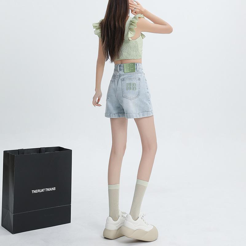 Denim Shorts for Women In Summer New Retro Curly Edge High Waist Slim A-line Shorts for Women Small People Wearing Pants
