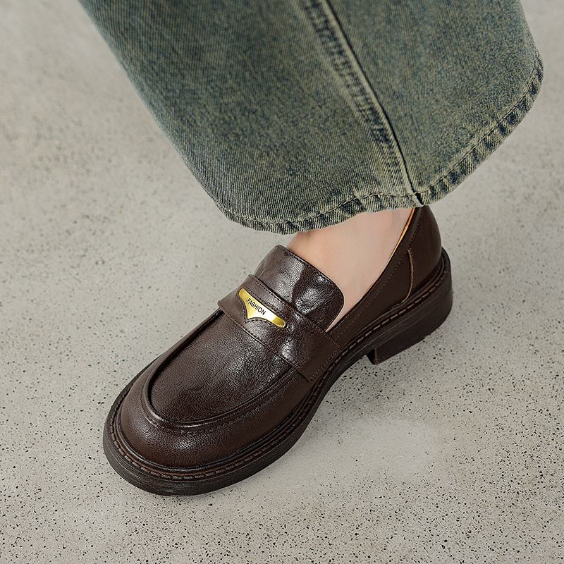 Krazing Pot Sheepskin Round Toe Low Heels Autumn Summer Shoes Slip on Women Oxford Shoes Metal Fasteners Pumps