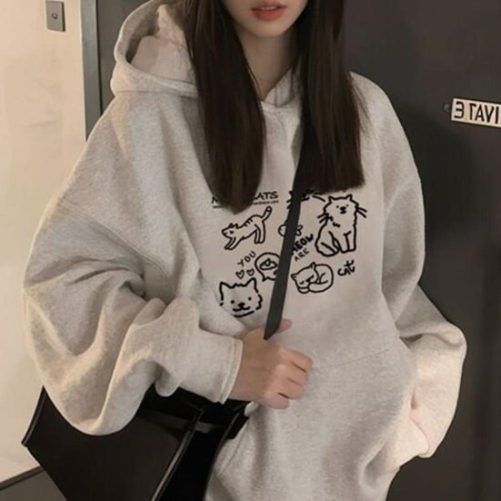Navava Cat Print Fleece Long Sleeve Hooded Sweatshirt Nt2100