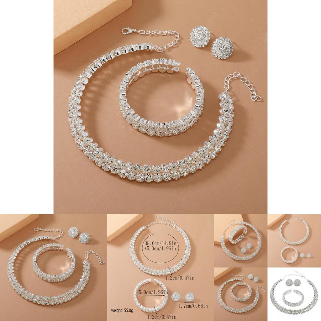 Silver Water Diamond Necklace Earrings And Bracelet Set With Geometric Style For Brides