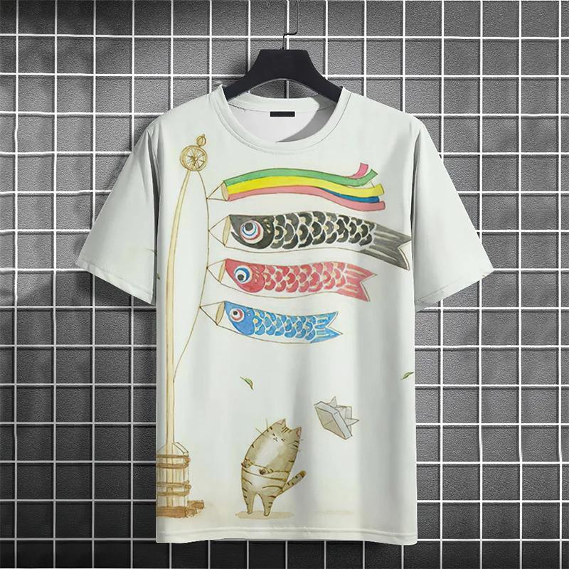 Summer Round Neck 3D Funny Cat Print Top Fashionable Casual Short Sleeved Men's T-shirts