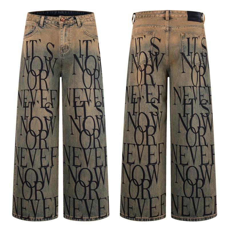 Mens Distressed Letter Print Loose Straight Leg Jeans Streetwear Wide Denim Pants