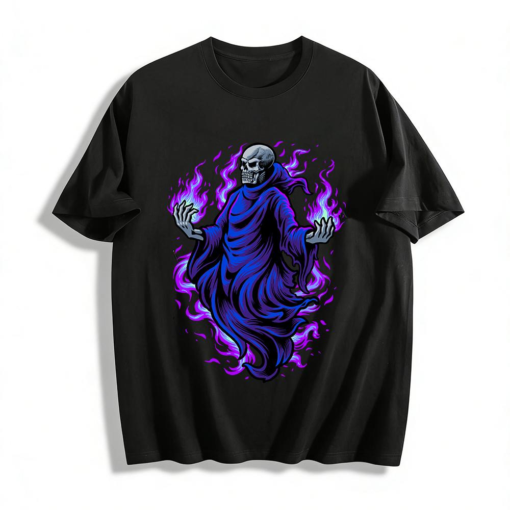 Dark Style Skull Ghost Flame Print Trendy Casual Top Pure cotton T-shirt XXS