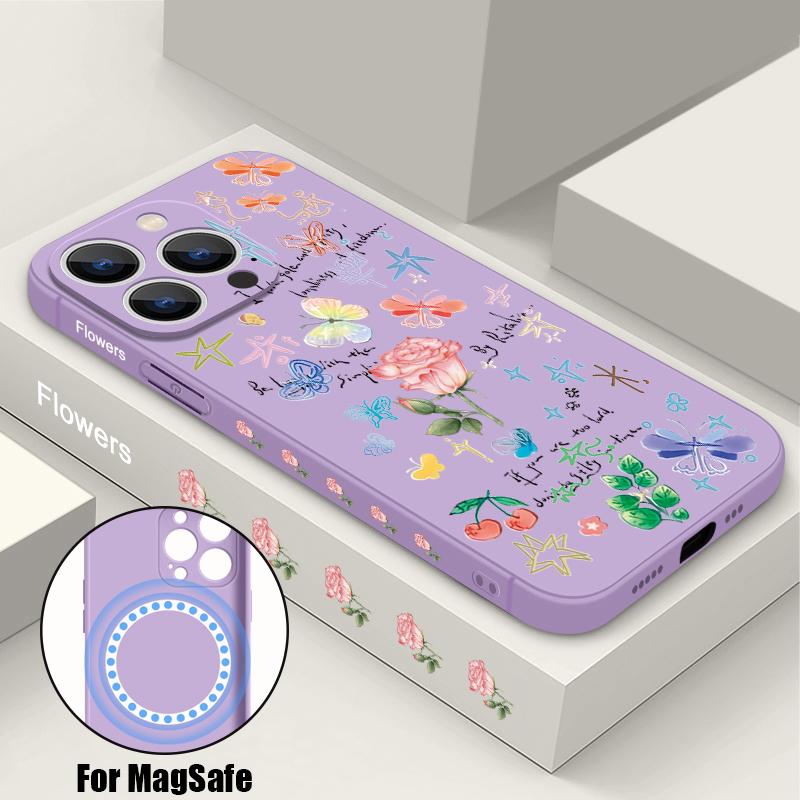 

For Magsafe Magnetic Cartoon Rose Print Case for iPhone 16 Pro 15 14 13 12 Pro Max 11 Shockproof Slim Lens Protection Lanyard Cover iPhone 16 чёрный