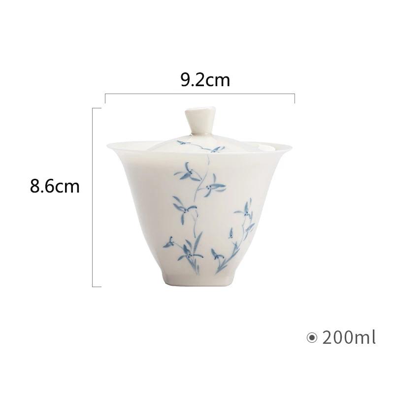 Porcelain Hand-painted Orchid Gaiwan Cover Bowl White and Blue Ceramic Tea Making Bowl Chinese Style Simple Tea Cup