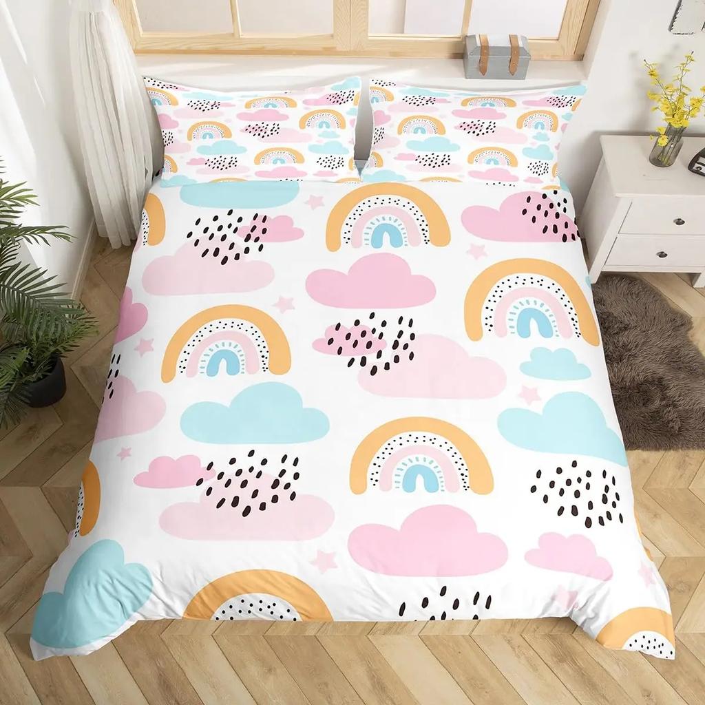 Cartoon Rainbow Sun Bedding Set For Girls Kids Bedroom Decor Comforter Cover Kawaii Art Duvet Cover Polyester Comforter Cover