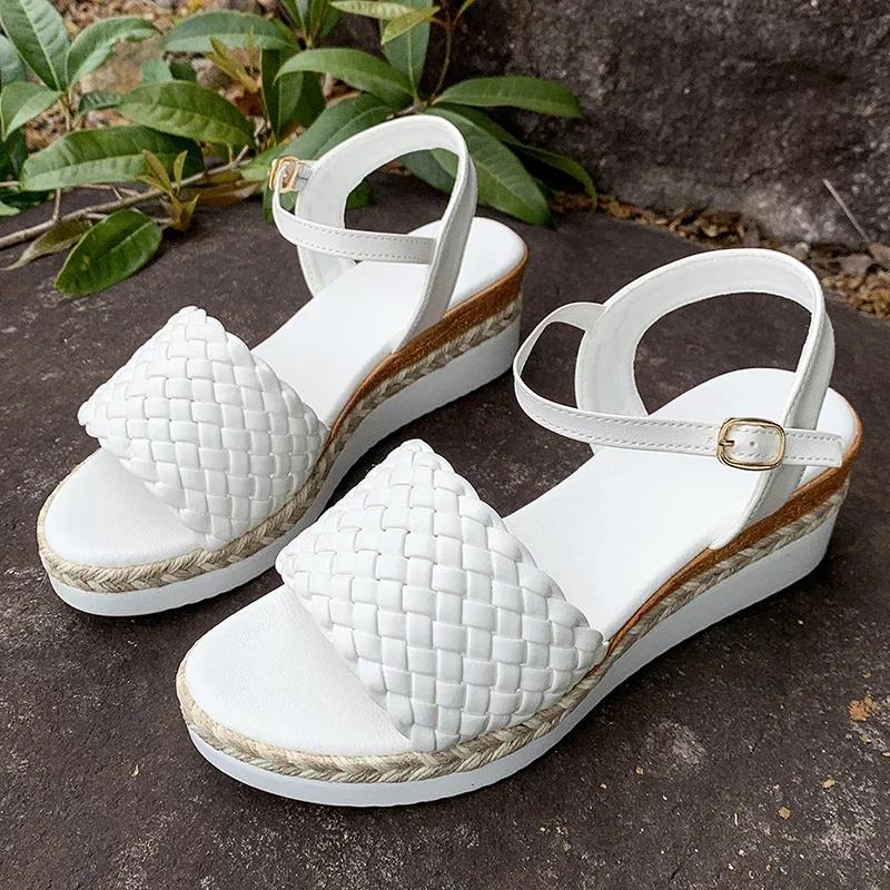 

Fashion Women Shoes White Woven Straps Wedges Sandals Women Summer Plus Size Platform Gladiator Sandals Woman Ankle Buckle Beach Sandles 36 белый