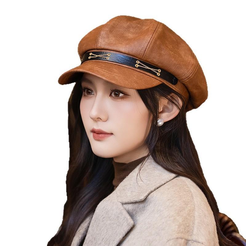 New Autumn and Winter Versatile Chain Octagonal Hat for Women Retro British Style Beret High End Style Windproof Painter Hat Trend