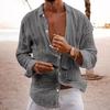 Männer Revers Langarm Shirt Tops Plissee Dünne Einfarbig Einreiher V-ausschnitt Casual Stil Atmungsaktive Hemd