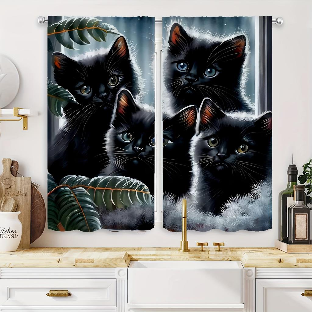 2Pcs Hd Digital Printed Curtains Rod Pocket Curtains Black Cat Print Curtain For Bedroom Study Window Living Room Office Home De