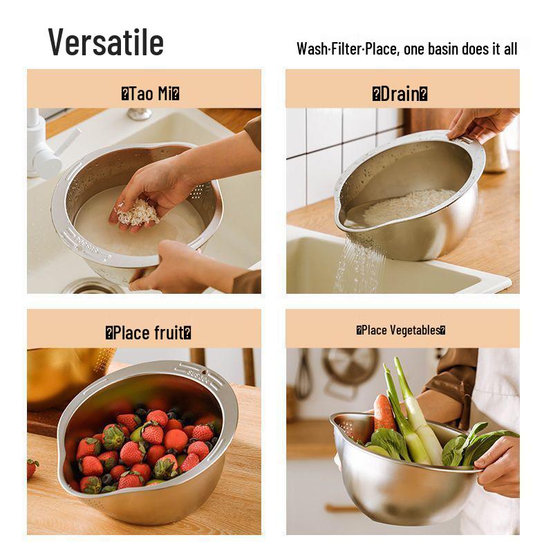 Cross-Border Stainless Steel Multifunctional Kitchen Basin with Sieve for Washing Rice, Fruits & Vegetables