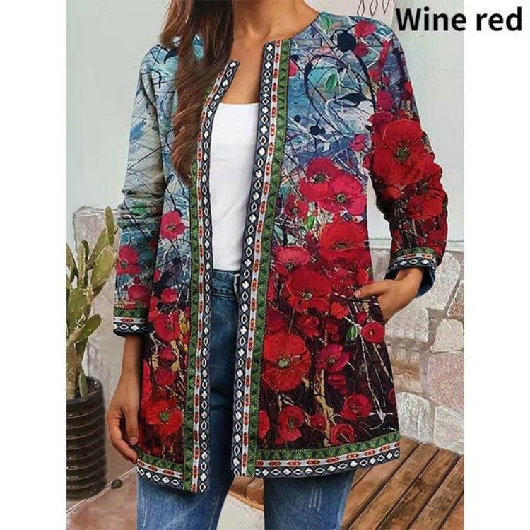Women Ethnic Style Jacket Floral Print Cardigan Outwear Vintage Plus Size Ribbon Webbing Tribal Pattern Print S