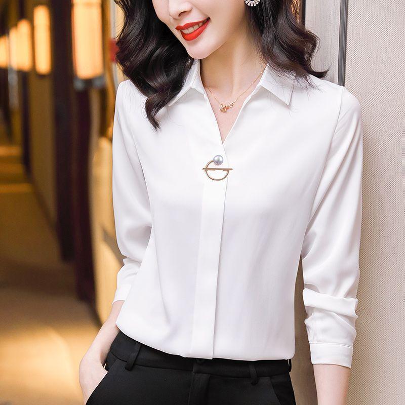 Basic Office Lady Solid Color Shirt Female Clothing Elegant Fashion V-Neck Spring Autumn Commuter Korean Long Sleeve Blouse