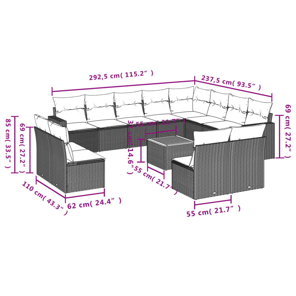 13 Pc Outdoor Sofa Set with Cushions Grey Poly Rattan