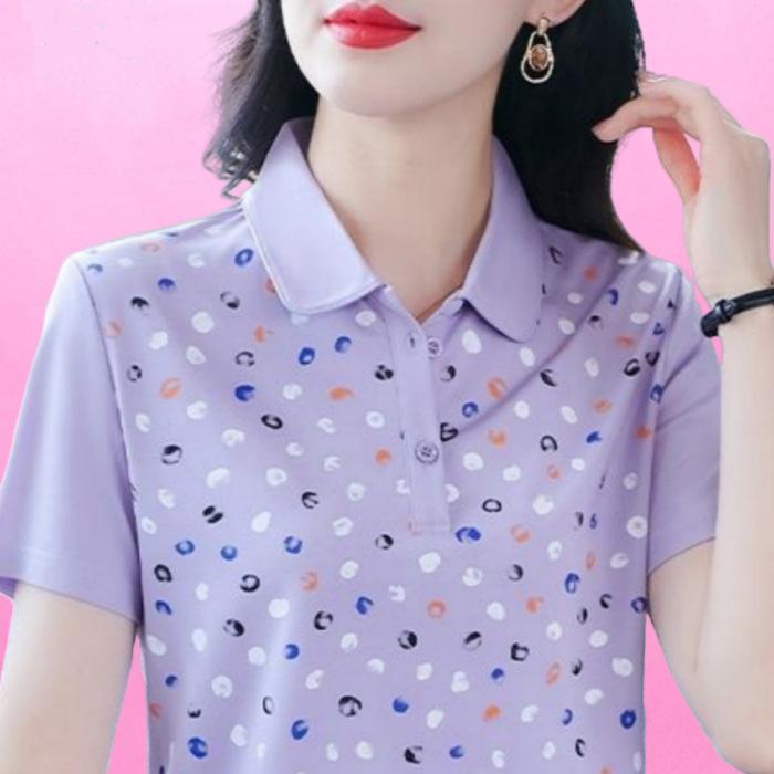 Mom's Large Size Loose Slim-fit T-shirt for Women's Latest Lapel Casual Short-sleeved T-shirt for Women's Summer Polo Shirt