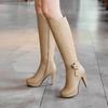 Nude hnědá barva Zralé elegantní dámské boty Zimní vysoké podpatky Kulatá špička Platforma Ke kolenům Štíhlé kozačky Přezka Pásek Designérské boty