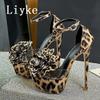 Fashion Liyke PVC Transparent Women Sexy Leopard Print Platform Sandal Fashion Big Flowers Open Toe Super High Heels Party Stripper Shoe