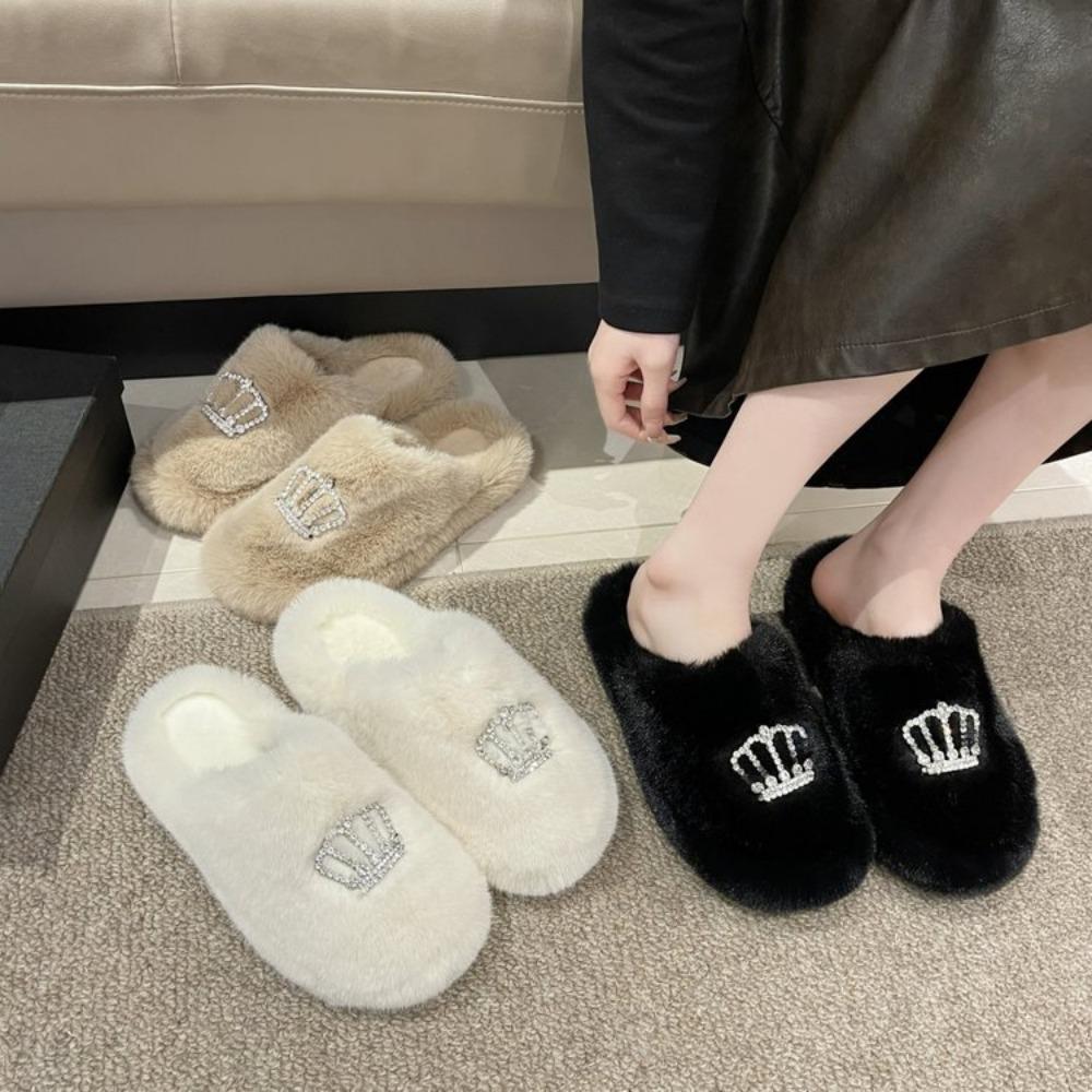 Fashion Autumn and Winter Fluffy Couple Cotton Slipper Women's Bag Cute Thick Bottom Cartoon Non-slip Interior for Family Use