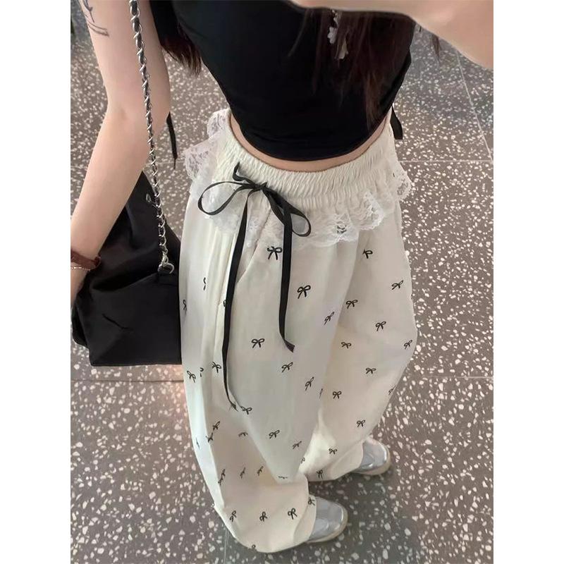Women's Summer 2026 Sweet & Spicy Lace Trim Bow Knot Wide-Leg Pants with Elastic Waist