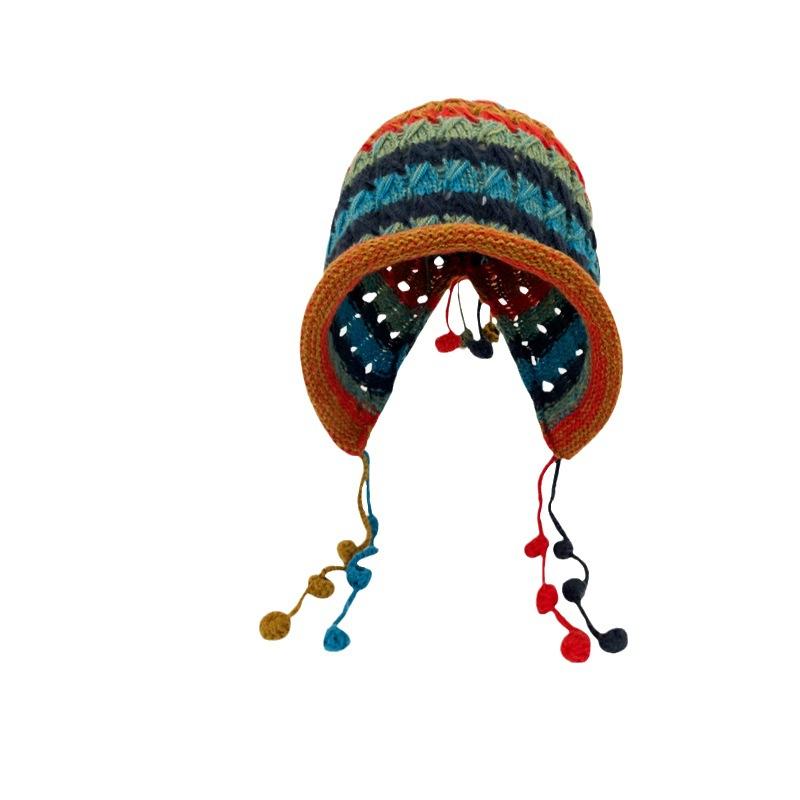 Korean Fashion Designer's Handmade Crochet Colored Ball Wool Hat For Children's Autumn And Winter Lace Up Tassel Pullover Hat