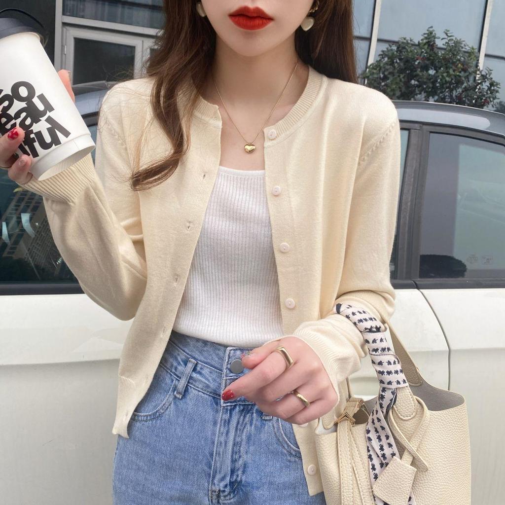 Spring & Autumn 2025 Solid Color Round Neck Slimming Knit Cardigan - Versatile Korean Style Long Sleeve Women's Top