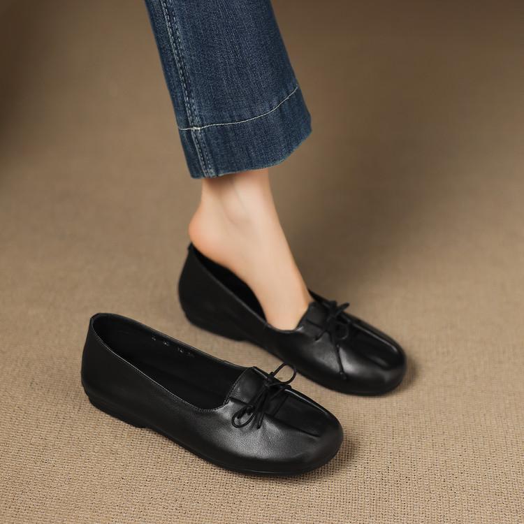 Niche pleated bow soft sole grandma shoes college style retro first layer cowhide flat bottom Mary Jane small leather shoes women