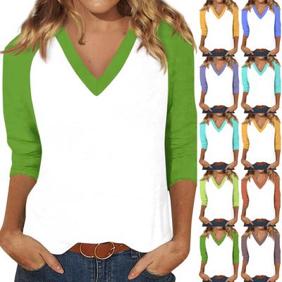 Top Casual y de Moda para Mujer con Retazos, Cuello en V y Mangas de Tres Cuartos