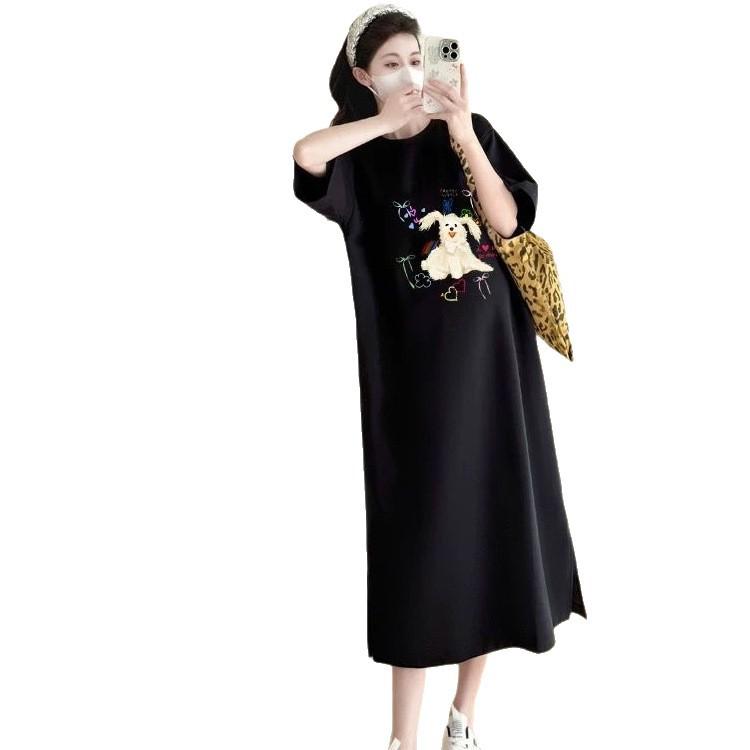 Laid-back T-shirt Long Dress for Women In Summer, Korean Style Loose and Slimming Short-sleeved Loose Casual Cartoon Printed Dress